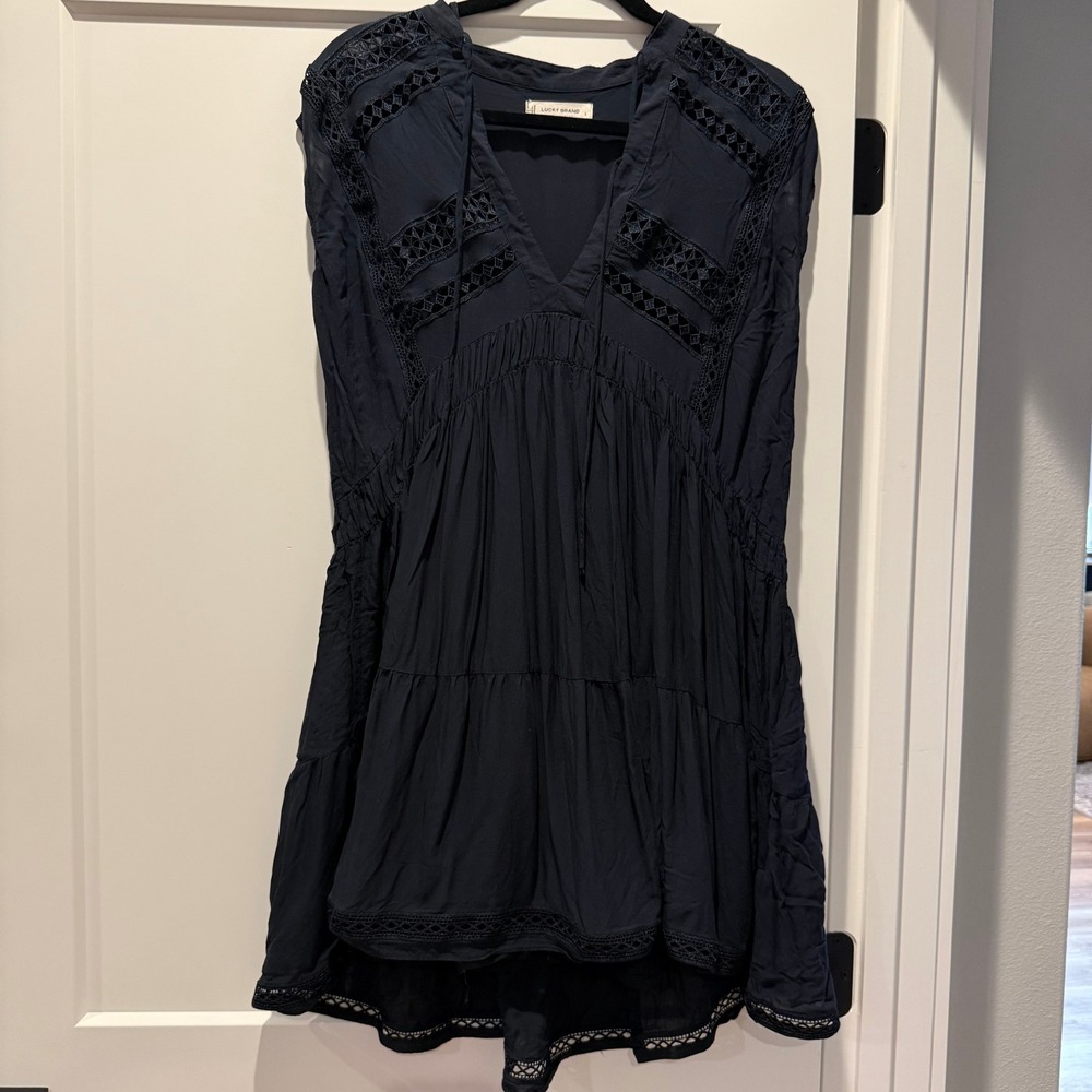 Lucky Brand Navy Blue Boho Lace Short Sleeve High/Low Dress Women's Small